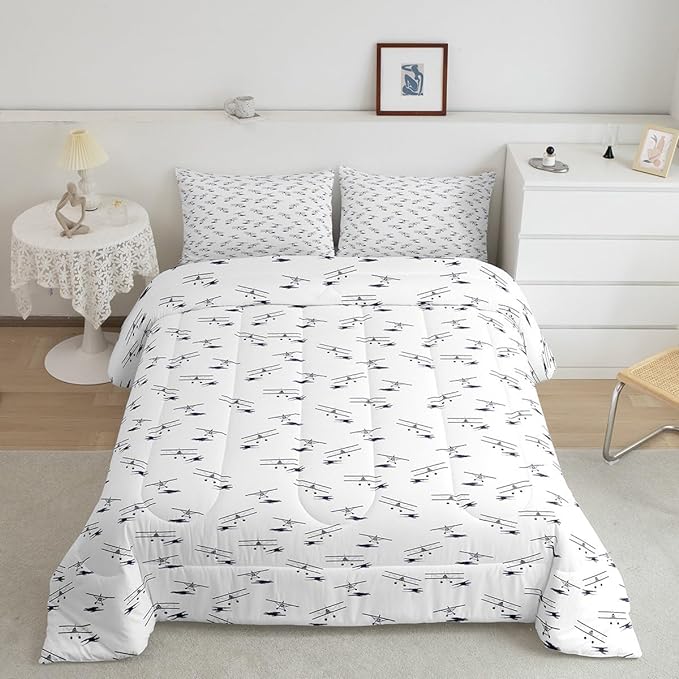 Feelyou Airplane Bedding Set Queen Size Flight Comforter Set for Kids Boys Girls Decor Vintage Aircraft Comforter Helicopter Flying Plane Blue and White Duvet Set Bedroom Quilt Set
