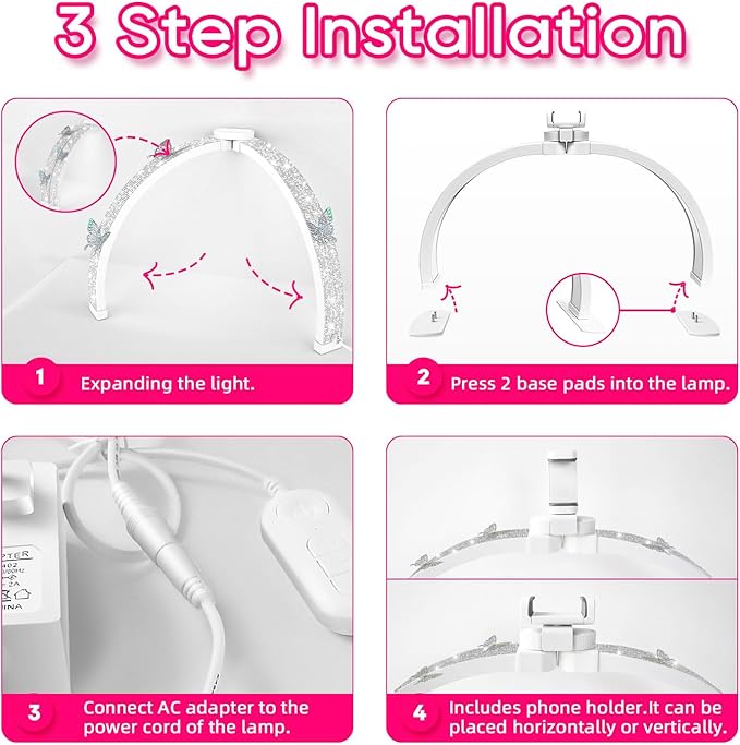 Half Moon Light for Nail Desk, Foldable 29" Nail Light for Desk, 180° Ultra-bright Nail Tech Desk Lamp, Portable Half Moon Lamp with Phone Holder & Organizer Bag - Sliver Diamond
