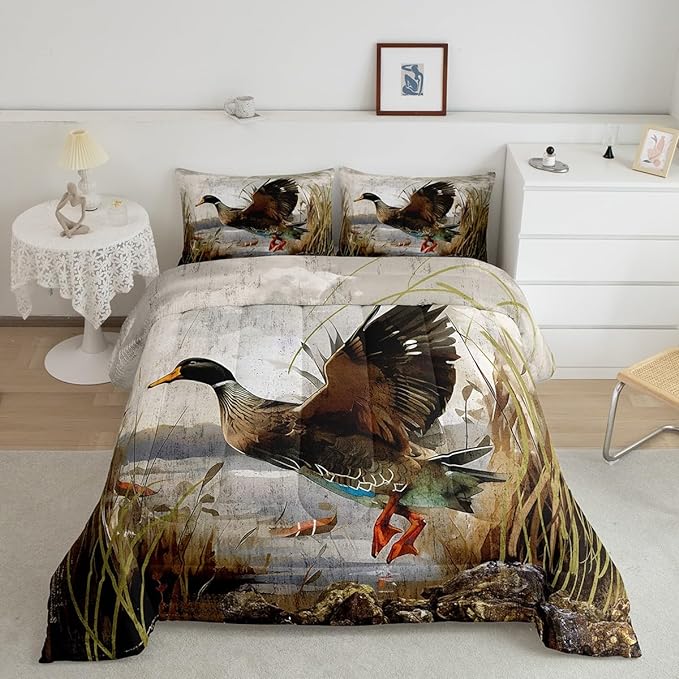 Mallard Duck Bedding Set Boys Girls Wild Duck Hunting Comforter Set for Kids Women Men Soft Lodge Cabin Farmhouse Comforter Quilt Room Decor Full Size Duvet Set Boys