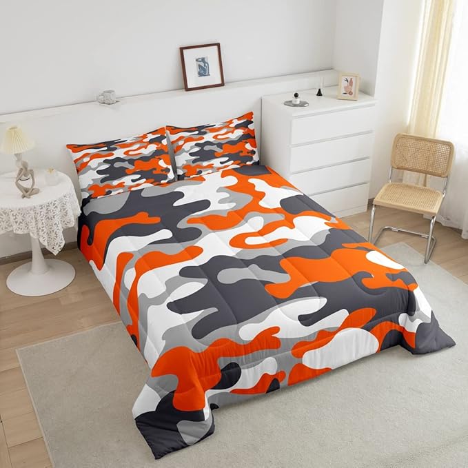 Feelyou Queen Size Camouflage Comforter Set 3Pcs Kids Bedding Set for Boys Girls Teens 1 Comforter & 2 Pillowcases(Queen,Orange)