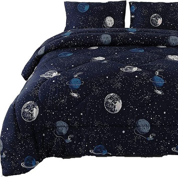 ENJOHOS Space Bedding Comforter Set Full Size for College Boy, 3 Pieces Galaxy Summer Bedding Full, Lightweight Soft Microfiber Universe Blanket Comforter, Dark Blue Comforter for Kid