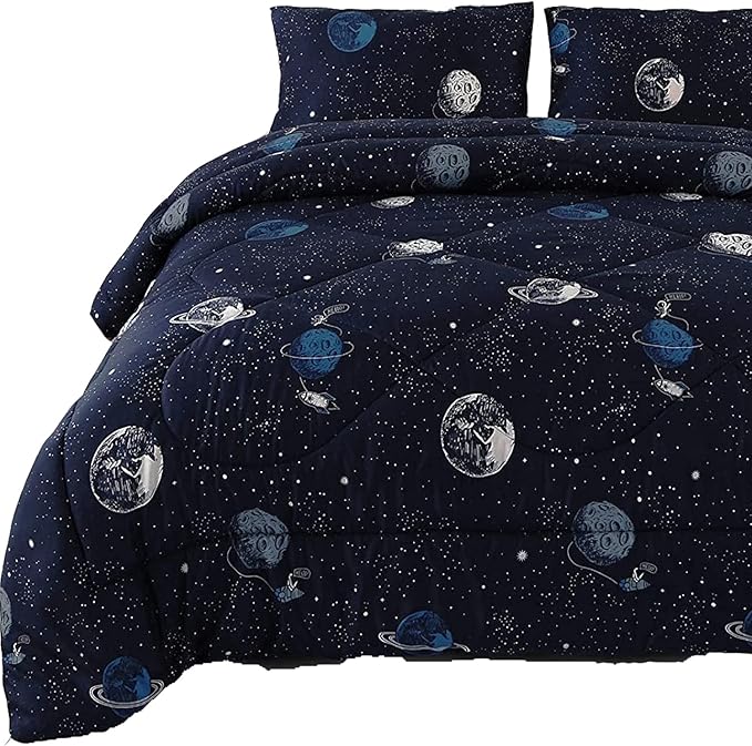 ENJOHOS Space Bedding Comforter Set Full Size for College Boy, 3 Pieces Galaxy Summer Bedding Full, Lightweight Soft Microfiber Universe Blanket Comforter, Dark Blue Comforter for Kid