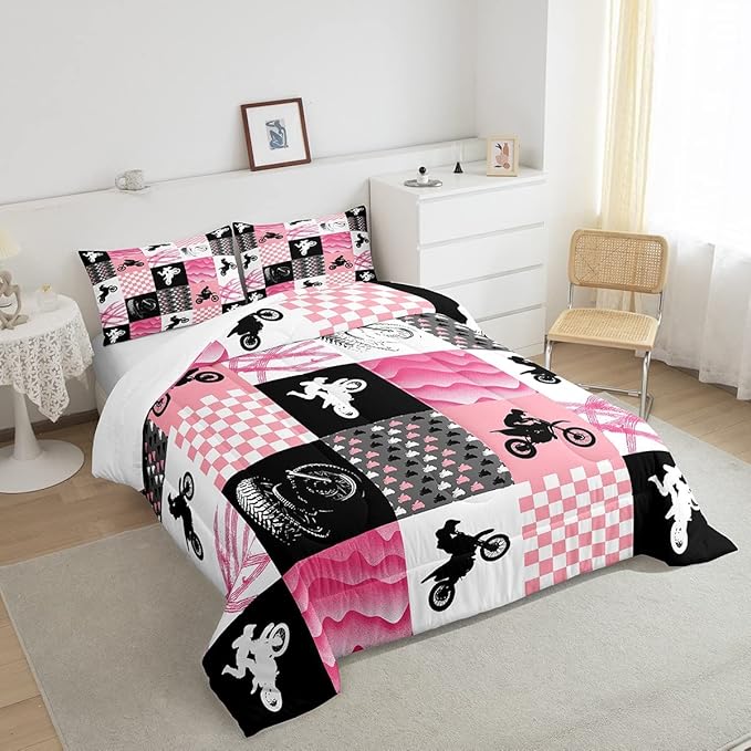 Motocross Comforter Set, Dirt Bike Bedding Sets & Collections Full, Motorcycle Rider Down Comforter For Kids Boys Girls, Motorbike Extreme Sport Game Comforter Set, Buffalo Plaid, Pink Grey Black