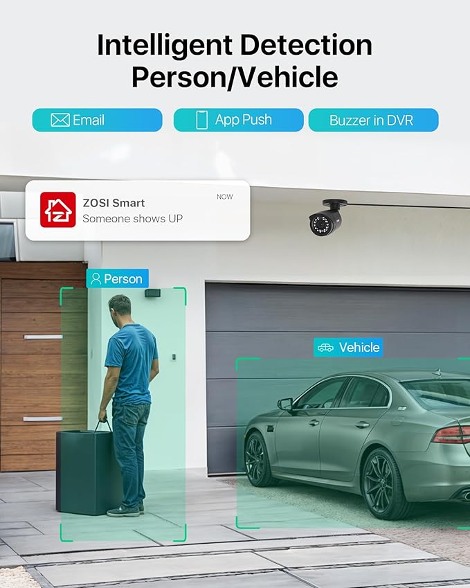 ZOSI 3K Lite Security Camera System Indoor Outdoor,AI Human/Vehicle Detection,Night Vision,Remote Access,4pcs 1080P 1920TVL Weatherproof Surveillance Cameras,H.265+ 8CH CCTV DVR(NO HDD)