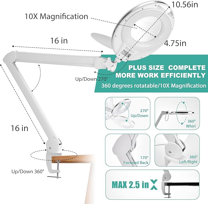 Large 10X Magnifying Glass with Light, 4.75 in Real Glass Stand Lighted Magnifier with Clamp, 2 in 1 Desk Lamp with 36 Color and Brightness Modes, Hands Free for Close Work, Crafts, Hobbies