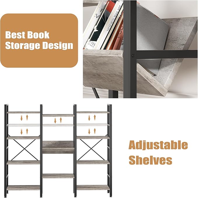Shintenchi Industrial Bookcase,71.6” Triple 4 Tier Bookshelf with 11 Open Display Shelves,Large Etagere Bookshelf Open Record Player Shelves,Wide Book Shelf Book Case for Home & Office, Grey