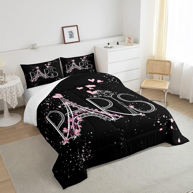 Eiffel Tower Comforter Set Chic Paris Bedding Set Romantic Theme Comforter for Boys Girls Children Teens Black Pink Bedroom Decor Modern French Style Duvet Set Full Size with 2 Pillow Case