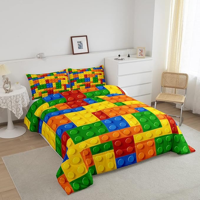 Feelyou Games Comforter Set King Building Blocks Bedding Set for Kids Boys Girls Colorful Geometric Toy Brick Comforter Gaming Nursery Quilt Duvet Set with 2 Pillowcase Boys