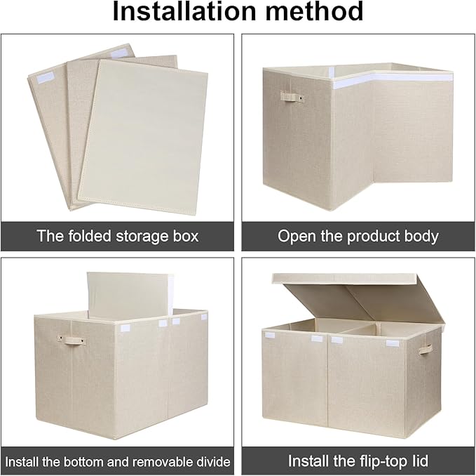 popoly 122L Large Toy Box Chest with Lid, Foldable Toy Storage Organizer Bin Boxes with Removable Divider for Kids, Boys, Girls, Nursery, Playroom, 26"x17" x17" (Linen Beige)
