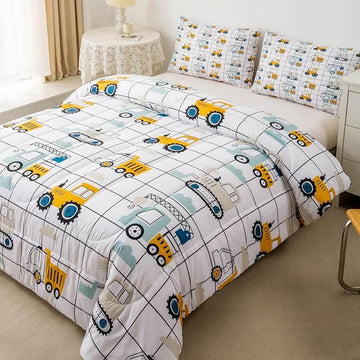 Feelyou Construction Truck Comforter Set Full Size Kids Machinery Truck Excavators Vehicles Comforter for Boys Teens Cartoon Tractor Bedding Set Excavator Tractor Plaid Grid White Duvet Set Quilt Set