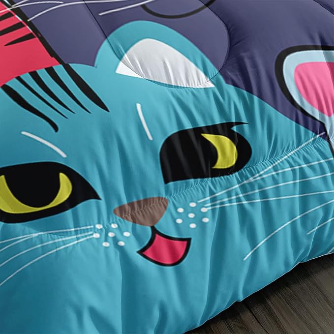 Axolotl Cartoon Cat Comforter Set Kids Bedding Full Size,Cute Colorful Cat Bedding Set for Kids Boys Girls Adults Teens Room Decor,Kids Comforter Set All Season,1 Comforter 2 Pillow Cases