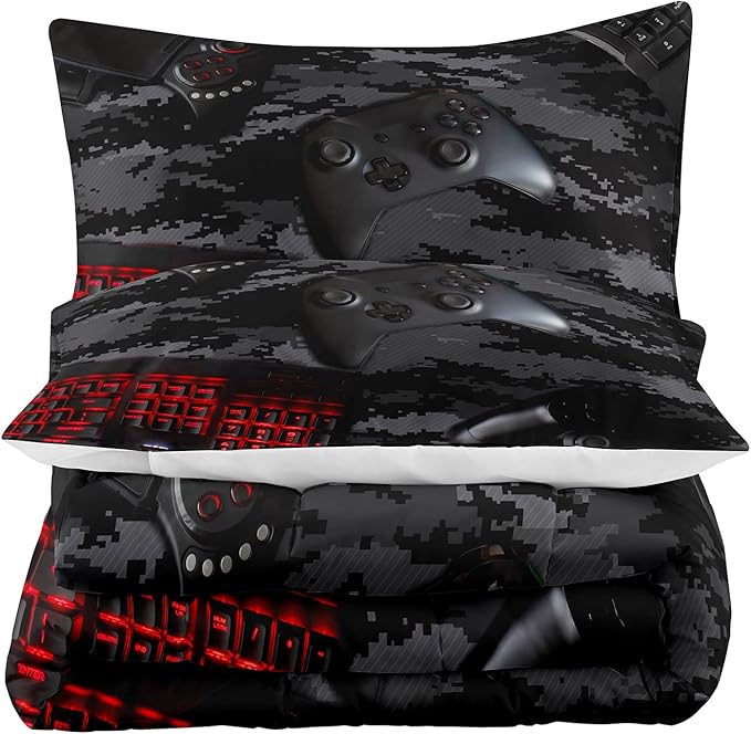 Tailor Shop Gaming Comforter Set Queen Size for Boys, Black Camouflage Gamer Bedding Sets for Boys Kids Teenage, All Season 3 Piece Gaming Bed Set with 1 Comforter and 2 Matching Pillowcases……