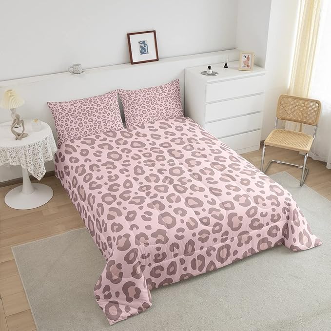 Feelyou Pink Leopard Skin Comforter Leopard Print Comforter Set for Kids Boys Girls Africa Cheetah Printed Bedding Set Soft Decor Safari Animal Fur Duvet Set King Size Quilt Boys