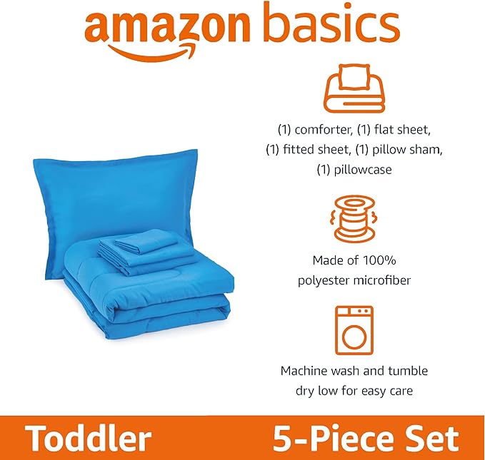 Amazon Basics 5 Piece Microfiber Kid's Bed-in-a-Bag Bedding Set, Toddler, Blue, Solid