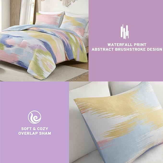 Intelligent Design Queen Comforter Set, Chic Colorful Brushstroke Abstract Print, Girls Room Décor, All Season Queen Bedding Sets for Girls, Matching Sham, Full/Queen, Blue Multi 3 Piece