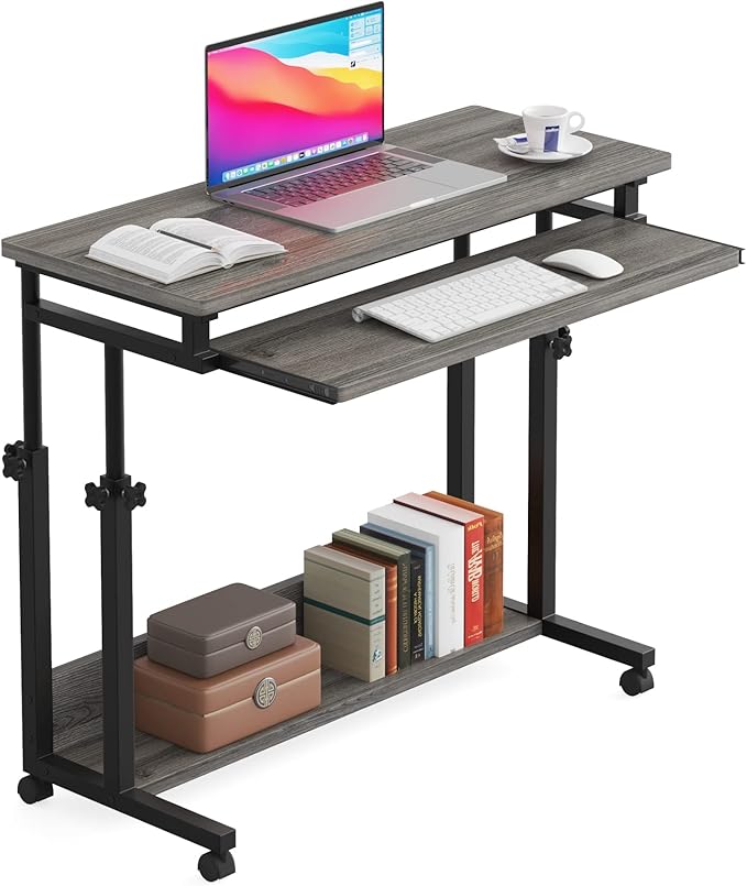 Tribesigns Portable Desk for Sofa and Bed, Height Adjustable Mobile Laptop Table Small Standing Desk Rolling Computer Cart with Keyboard Tray on Wheels for Home Office (Grey)