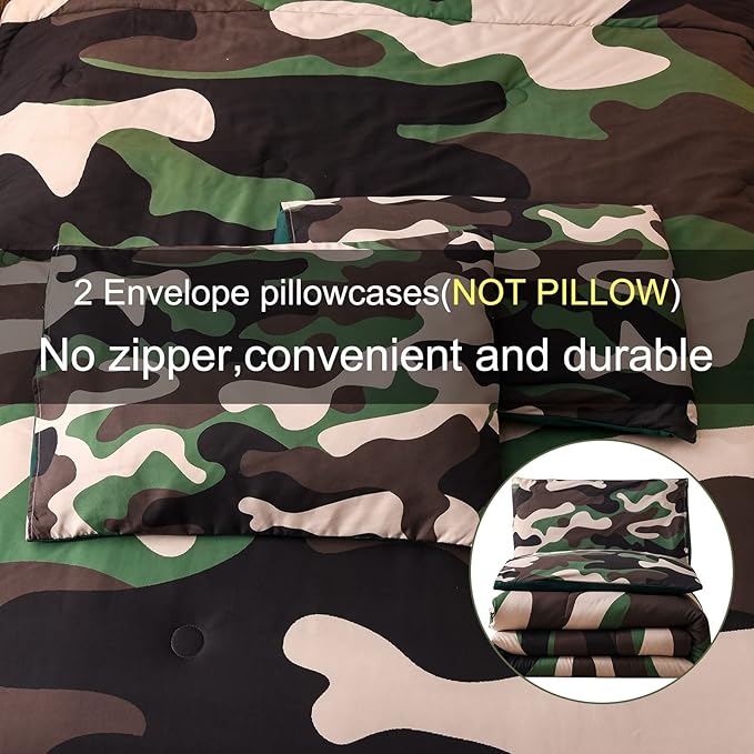 Meeting Story Camouflage Bedding Set, Colorful Pattern Style Comforter Set, 5 PCS One Comforter Two Pillowcases Two Sheets in One Bag, All Season Bedspread for Teens Adults (Green, Full 5Pcs)