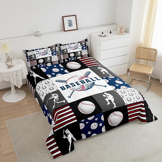 Teen Boy Sports Baseball Twin Bedding Set,Kids Baseball Athlete Comforter Set,Grunge Hippie Tie Dye Ball Bed Comforter Sets Room Decor Patchwork Pattern 1 Pillow Case（Red Blue Black White Grey）