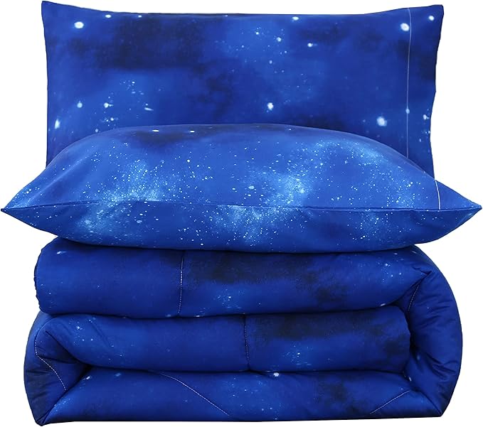 3PCS Blue Galaxy Twin Comforter Set, Bed in a Bag Space Twin Quilt Bedding Set, Hotel Luxury, Summer Cute Comforter Twin for Boys Girls Toddler Kids and Teens, Twin