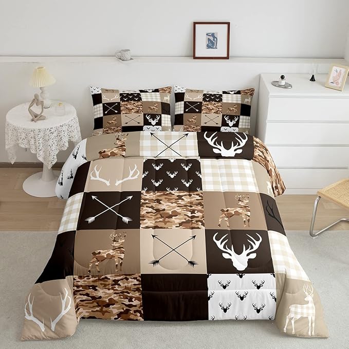 Kids Deer Antler Animal Comforter Set King Size,Brown Camo Xmas Bedding Set,Girls Boys Adults Bedroom/Cabin Decor,Plaid Patchwork Vintage Down Comforter,Boho Arrows Duvet Insert,3pcs,2 Pillowcases