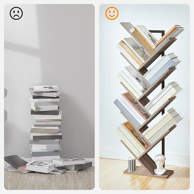 HOOBRO Tree Bookshelf, 9-Tier Bookcase Wooden Shelves, Floor Standing Storage Rack, for Display of CDs, Books in Living Room, Home Office, Wood Storage Rack for Bedroom, Greige BG08SJ01G1