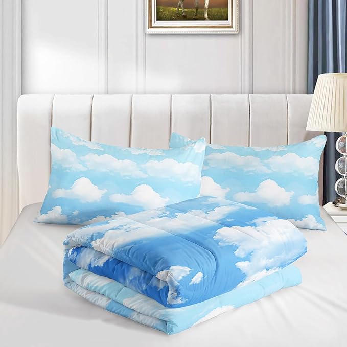 Axolotl Blue Cloud Comforter Set Queen,Light Blue Bedding Set,Cloud Sky Comforter Set Blue Sky and White Clouds Design Bedding Set,Sky Blue Comforter for Kids Girls Boys Teens,1 Quilt 2 Pillowcases