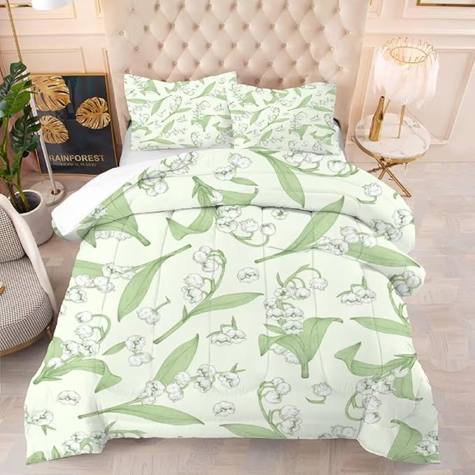 kxry Green Flower Comforter Sets Bedding Sets Twin Size Comforter Set for Girls Women Kids 1 Comforter + 1 Pillow Case