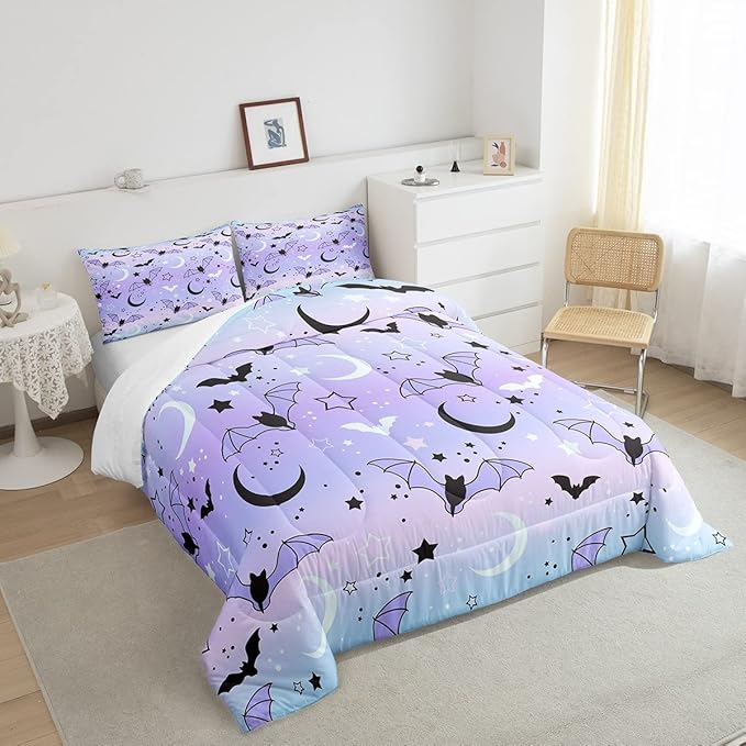 Feelyou Halloween Comforter Rainbow Comforter Set for Boys Girls Children Bat Moon Star Print Bedding Set Halloween Theme Purple Gradient Style Room Decor King Size Duvet Set 3Pcs