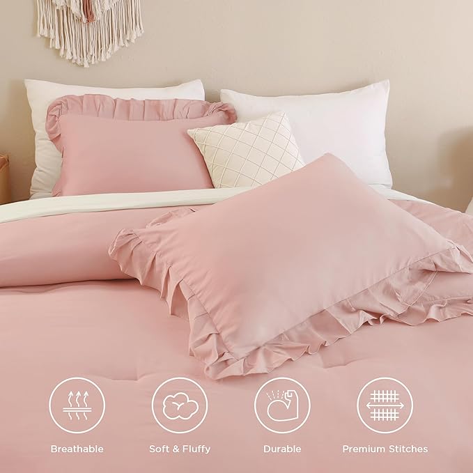 Andency Blush Ruffle Comforter Set, 2 Pieces Kids Comforter Set Twin(66x90Inch), Farmhouse Shabby Chic Comforter Set, Soft Microfiber Kids Bedding Set