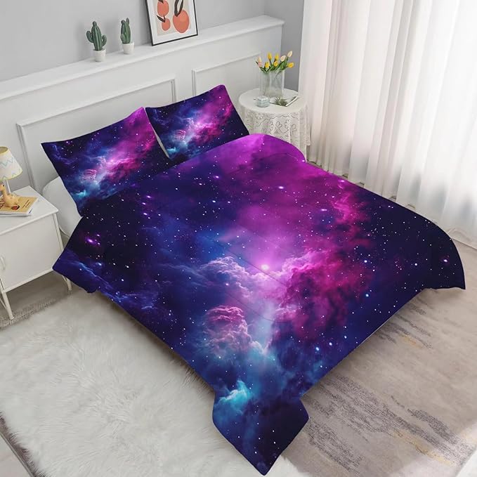 Galaxy Bedding Full Size Purple Outer Space Comforter Set for Girls Boys Kids Children Teen Bedroom Quilt 1 Comforter + 2 Pillow Cases