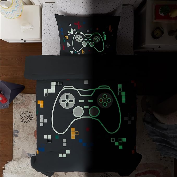 KALEIDOSPACE Kids Bedding Sets for Boys Girls, Glow in The Dark 5 Piece Gamer Twin Bed in A Bag, Ultra Soft Microfiber Kids Bedding for All Season (66"X86"
