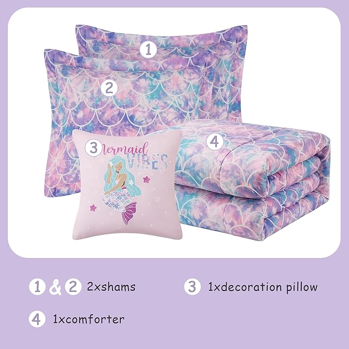 KALEIDOSPACE Pink Comforter Set Full for Kids, Glow in The Dark Mermaid Bedding Sets with Decor Pillow, 4 Pieces Girls Bed Set
