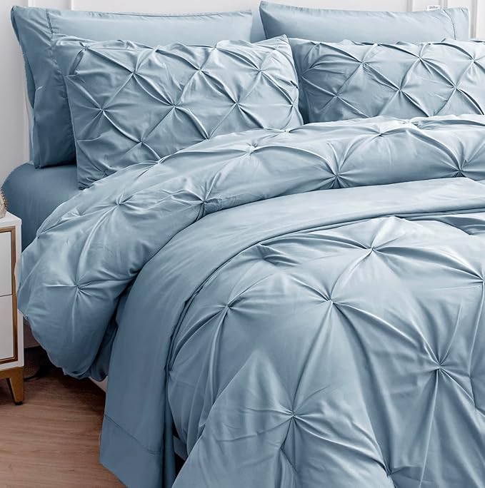 Lane Linen California King Comforter Set, 7 Piece Cal King Bed in a Bag, Pintuck Cal King Bedding Set, Soft Cali King Bed Set, Cal King Bed Comforter Set with Sheets, Pillowcases & Shams - French Blue