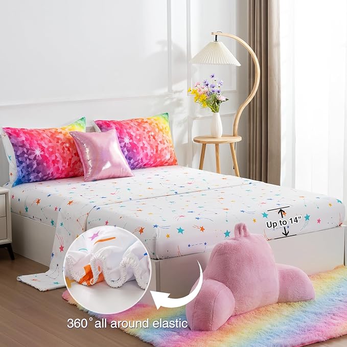 A Nice Night 6Pcs Gradient Abstract Art Grid Mosaic Geometric Bedding Set for Girls, Colorful Rainbow Galaxy Comforter Set, Ultra Soft Bedding Sets (PinkYellow,Full 6Pcs)