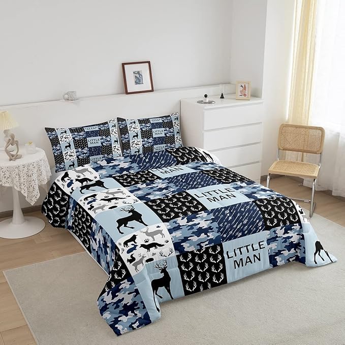 Manfei Camo Deer Antlers Comforter Set Twin,Geometric Checks Patchwork Bedding Set 2pcs for Kids Teens Boys Adults Room Decor,Boho Arrow Animals Quilt Set,Blue Xmas Duvet Insert with 1 Pillowcase