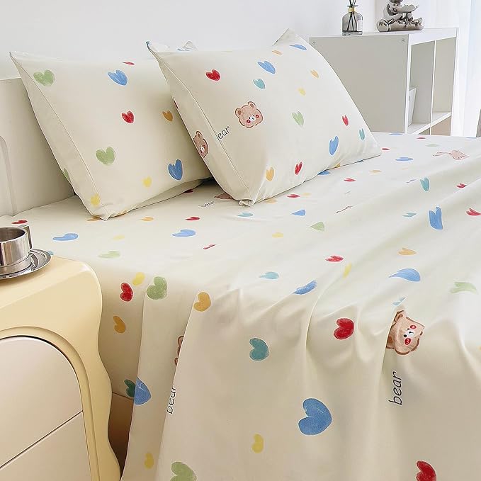 7 Piece Kids Pink Heart Bedding Sets Twin Comforter Set with Sheets - Colourful Reversible Heart Shaped Cute Bedding for Girls Kids - Love Quilt Bed in a Bag All Season