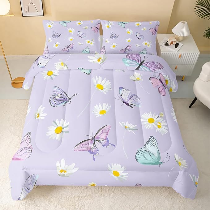 Butterfly Comforter Set for Kids Teens Girls Women,Daisy Kids Comforter,1 Comforter with 2 Pillowcase, Microfiber 3 Piece Bedding Set,for All Seasons(Purple，Queen Size)
