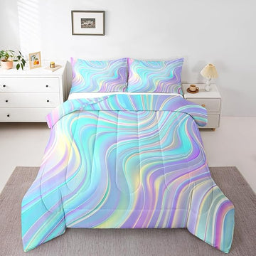Pastel Rainbow Comforter Set with Pillowcase Abstract Wave Stripes 3D Printed Designs 2 Piece Bedroom Duvet Set Psychedelic Girl Bed Down Comforter for Kids Women Dorm Room (Twin,Coulourful Marble)