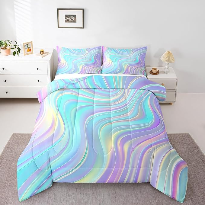 Pastel Rainbow Comforter Set with Pillowcases Abstract Wave Stripes 3D Printed Designs 3 Piece Bedroom Duvet Set Psychedelic Girl Bed Down Comforter for Kids Women Dorm Room (Queen,Coulourful Marble)