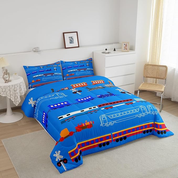 Erosebridal Train Twin Comforter Set for Boys,Cartoon Car Bedding Set for Kids Boys Girls Toddler,Vintage Car Down Comforter,Retro Steam Railway Rail Traffic Light Duvet Set Bedroom Decor,Blue 2Pcs