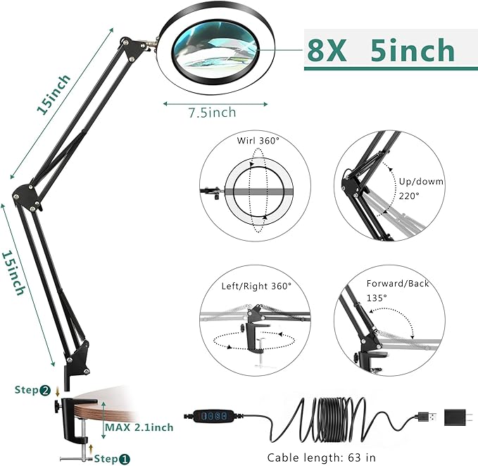 8X Magnifying Glass with Light, 5 Inches Real Glass Lens LED Desk Lamp with Clamp, 3 Color Modes Stepless Dimmable Lighted Magnifier with Light and Stand for Reading Crafts Repair Close Works - Black