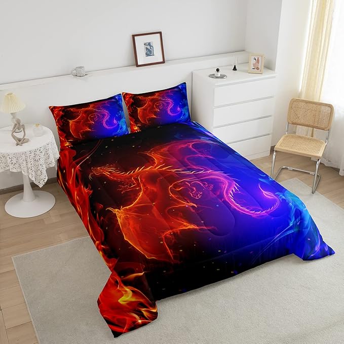 Erosebridal Dragon Comforter Set Nebula Bedding Set King Size Mysterious Outer Space Quilted Duvet Trippy Duvet Set for Kids Boys Girls Teens Young Man Room Decorative, Blue Red