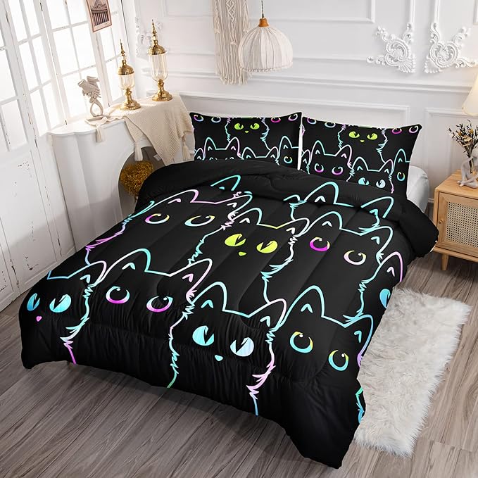 Axolotl Kids Bedding Cartoon Cat Comforter Set Full Size,Gradient Line Cute Cat Bedding Set for Teens Kids Boys Girls Adults Room Decor,Kids Comforter Set All Season,1 Comforter 2 Pillow Cases,Black