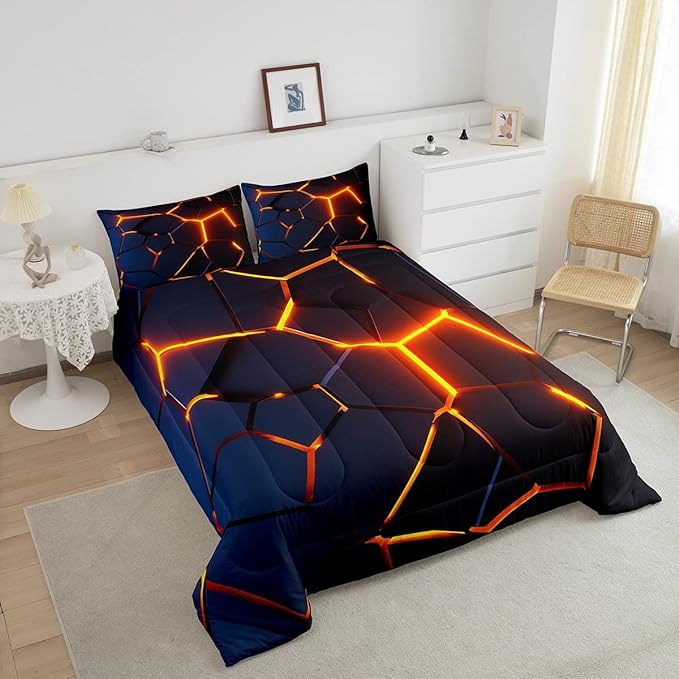 Honeycomb Print Bedding Set Red Black Fire Hexagonal Pattern Comforter Set for Kids Boys Girls Teens Beehive Geometrical Comforter Breathable Simplistic Duvet Set Room Decor Quilt Set Queen Size