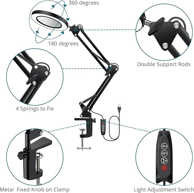 8X Lighted Magnifying Glass Lamp, Adjustable Magnifying Glass with Light Clamp Swivel Arm LED 3 Color Modes,10 Brightness Levels, Hands Free Magnifier for Hobby Close Work, Repair, Reading