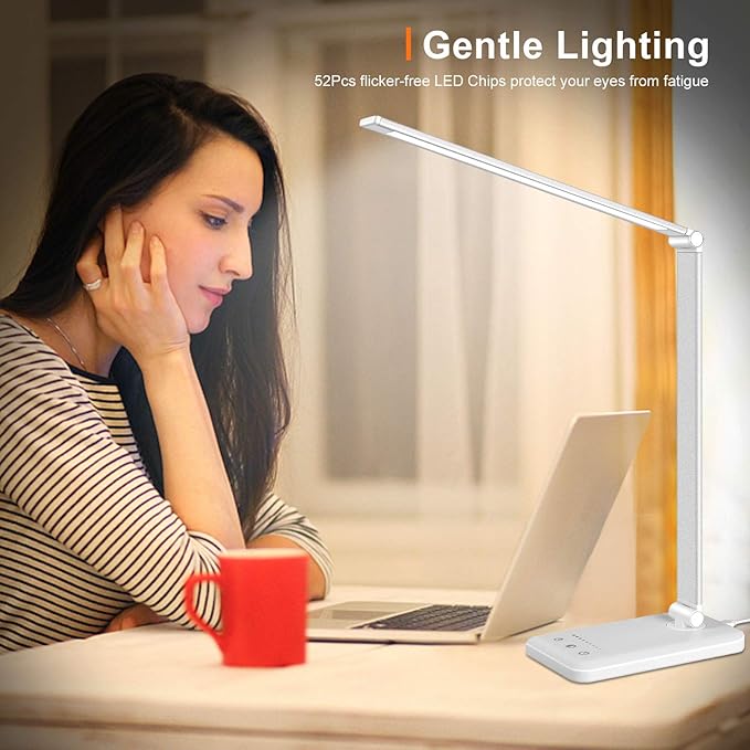 Linkstyle LED Desk Lamp, Table Light with USB Charging Port, Foldable Dimmable 5 Modes 10 Brightness Levels Touch Control Desk Light Auto Timer Eye Caring Book Reading Lamps for Home Office