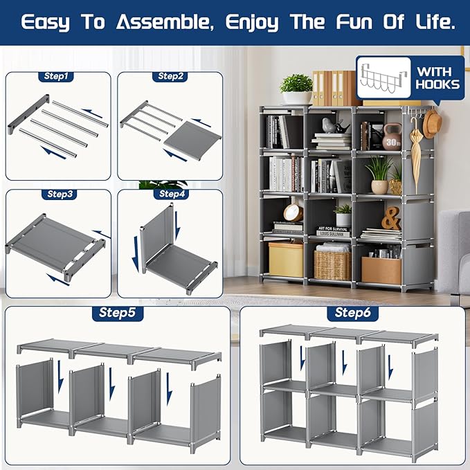 Mavivegue Book Shelf, 12 Cube Storage Organizer, DIY Bookcase, Metal Cube Bookshelf, Cubbies Closet Storage Organizer Shelves for Bedroom,Living Room,Home,Office