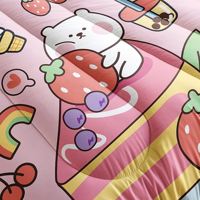 Kawaii Bear Comforter Twin,Pink Bear Comforter Set for Kids Teens Girls,3Pcs Bedding Set Printed Comforter with 2 Pillowcases,Down Alternative,Soft and Lightweight，Twin Size