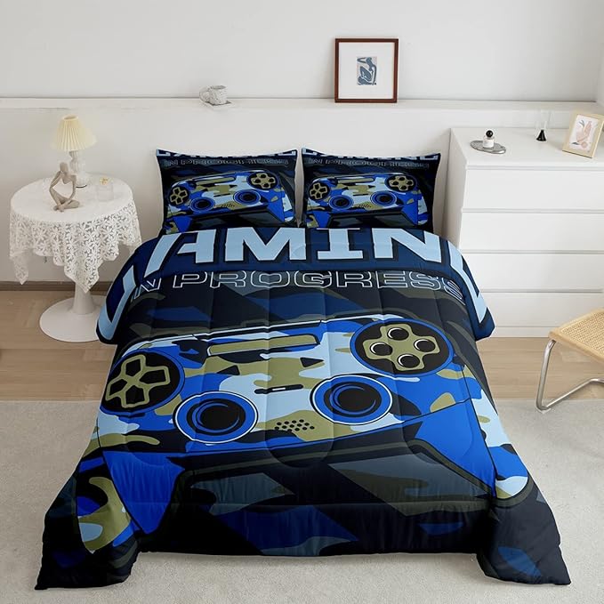 Feelyou Boys Gaming Comforter Set King Size Teens Gamer Bedding Set Retro Blue Camouflage Video Game Controller Comforter for Kids Decor Gamer Console Action Buttons Duvet Set Microfiber Boys