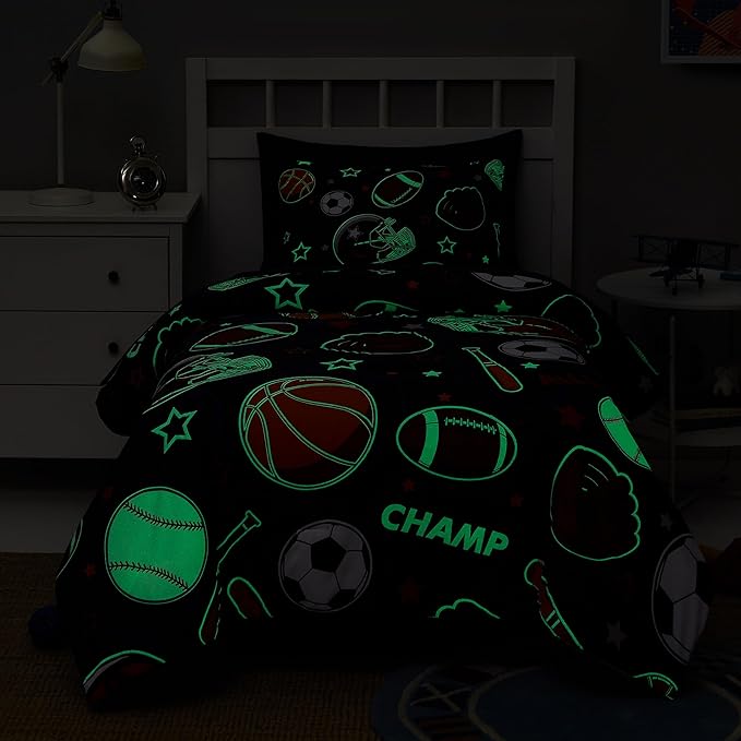 Sports Ball Games Twin Comforter Set with Sheets - 5 Pieces Kids Twin Bedding Sets for Boys, Glow in The Dark Baseball Basketball Football Soccer Twin Bed in a Bag for Kids, Teens